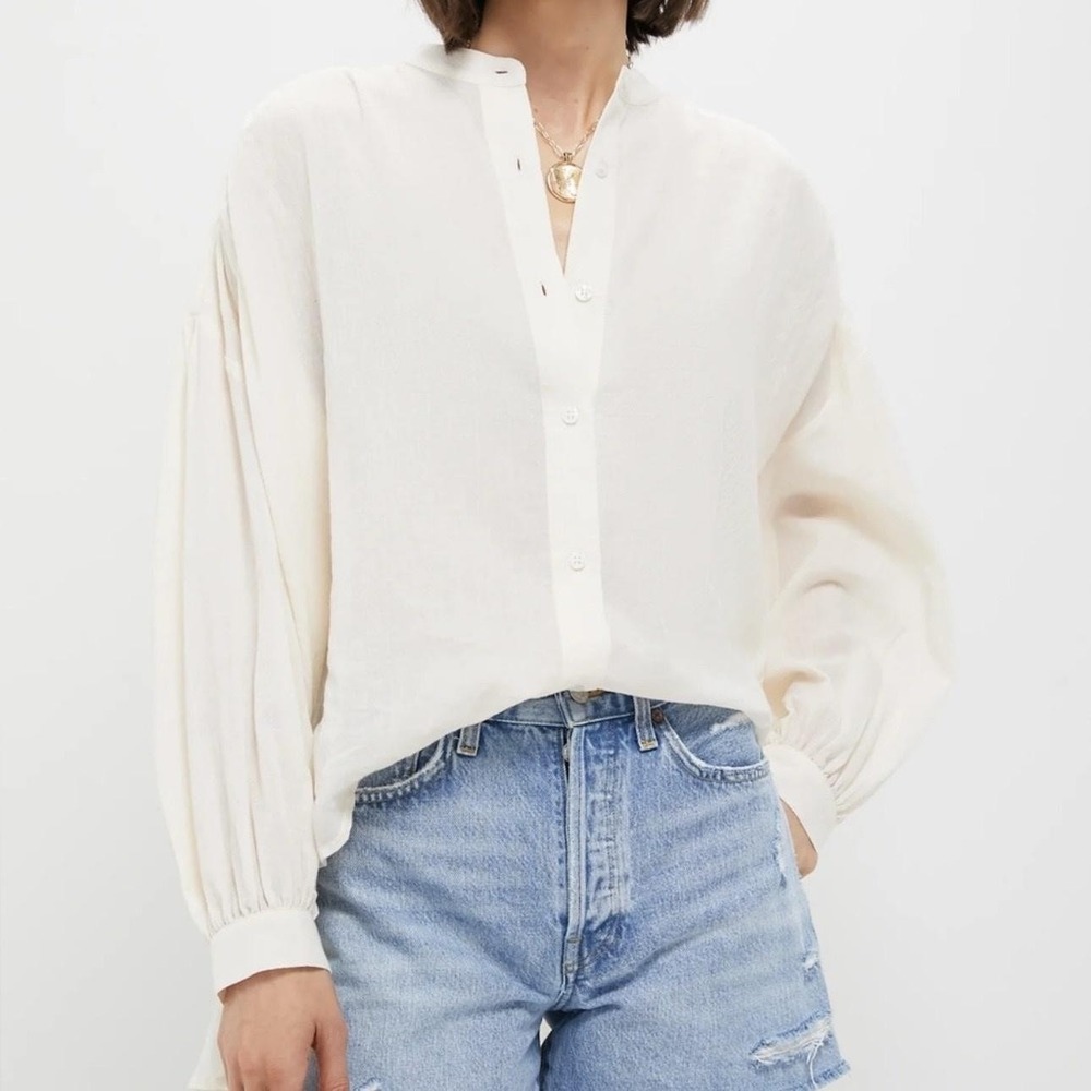 Tuckernuck Tunic Top Womens XS White Balloon Sleeve Henley High Low Hem‎ Blouse